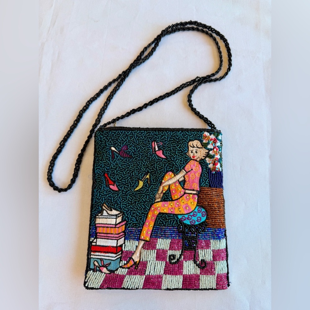 Vintage Beaded Multicolor Purse Beaded Strap Elegant Woman With Her Shoes